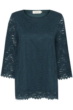 Türkises Spitzenoberteil mit Dreiviertelärmeln, Rundhalsausschnitt und gewelltem Saum. Verfügt über ein Blumenmuster und eine semi-transparente Textur. Marke: Cream.