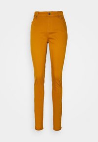 Senapsgula skinny jeans med hög midja, framfickor och dragkedja. Tillverkade av ett glättigt, hållbart tyg.