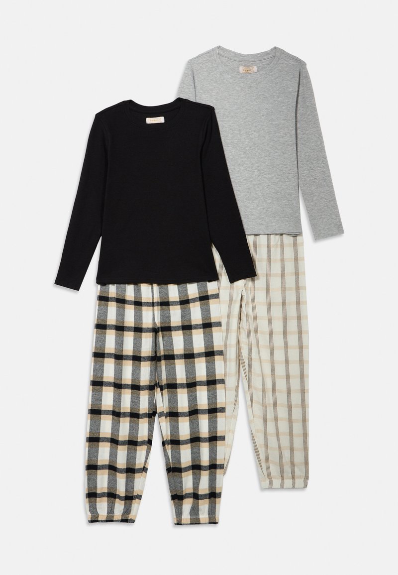 Set of two long-sleeve tops: solid black, light gray; paired with two plaid pajama pants in beige with black and gray accents.