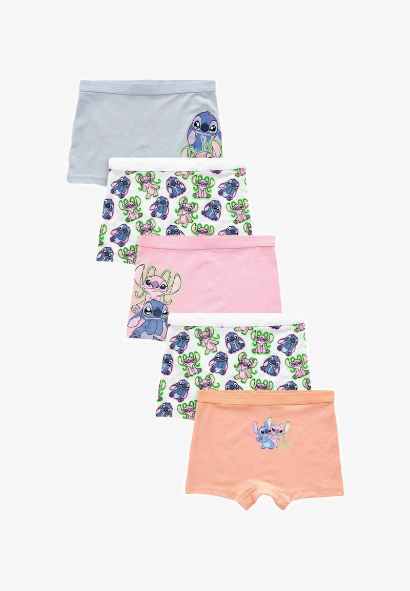 Ensemble de cinq culottes pour enfants. Les couleurs comprennent le bleu clair, le rose et le pêche. Le tissu est en coton. Les designs présentent des personnages de dessins animés sur des motifs.