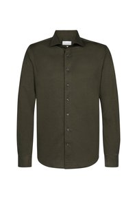 Mörkgrön långärmad skjorta med klassisk krage, knappstängning fram och svarta knappar. Slät textur och skräddarsydd passform.