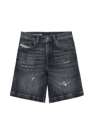 Pantaloncini in denim nero sbiadito con dettagli usurati, cinque tasche, chiusura con bottoni e passanti per cintura.