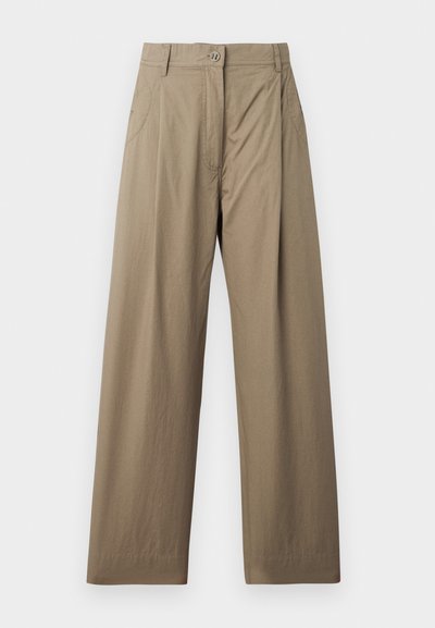 Khaki wijde broek van een katoenmix, met knoopsluiting, zijzakken en een zachte textuur met een subtiele glans.