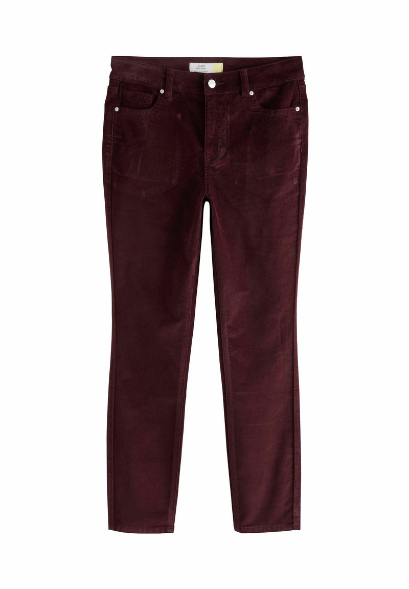 Burgundské kordové kalhoty se slim fit střihem, pěticípým designem kapes a kovovými akcenty. Měkká textura, rovný střih nohavic a jednoduché prošívání.