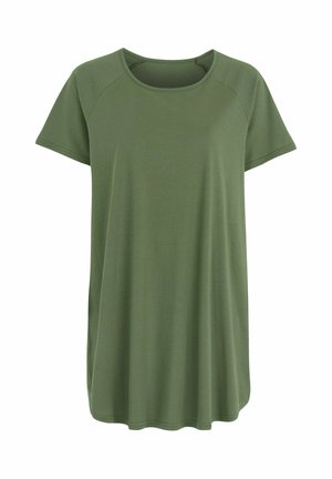 Enkel olivengrøn T-shirt med korte ærmer, rund hals, afslappet pasform og synlige syninger på ærmer og kant.
