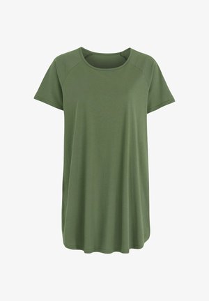 Enkel olivengrøn T-shirt med korte ærmer, rund hals, afslappet pasform og synlige syninger på ærmer og kant.