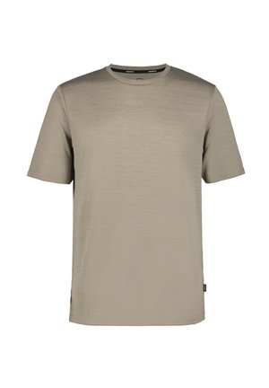 Beiges kurzärmeliges T-Shirt mit Rundhalsausschnitt, feinem strukturierendem Muster und kleinem Seitenschild am linken Saum.