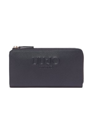Portefeuille noir à fermeture éclair intégrale avec logo embossé "LIU JO MILANO" sur une surface texturée, forme rectangulaire, et tirette de fermeture éclair dorée.