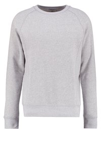 Felpa a maniche lunghe di colore grigio chiaro con colletto crew, polsini e orlo a costine, cuciture visibili che corrono verticalmente lungo i lati frontali.