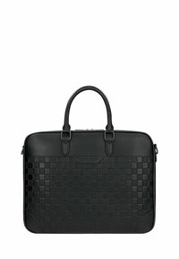 Borsa per laptop in pelle nera con texture intrecciata, forma rettangolare, doppi manici, chiusura a zip e tasca laterale. Finitura liscia e resistente.