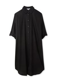 Camicia nera a maniche corte con bottoni, colletto e polsini arrotolati, realizzata in tessuto liscio; presenta un orlo dritto e bottoni piccoli.