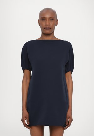 Navy blue short dress with a wide boat neckline, puffed sleeves, and a streamlined silhouette. Made of soft fabric with a smooth texture.