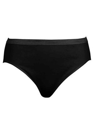 Schwarze Baumwoll-Hochbundslips mit glatter Textur und einem kontrastierenden elastischen Bund, der ein nahtloses Design für zusätzlichen Komfort umfasst.