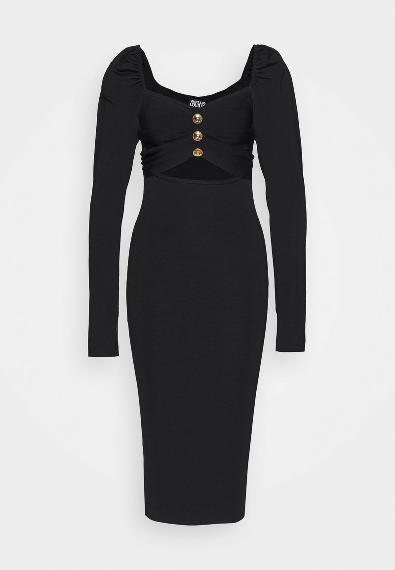 Robe noire à manches longues avec une silhouette ajustée, dotée d'un décolleté carré, de détails de manches froncées et de trois boutons dorés à la taille.