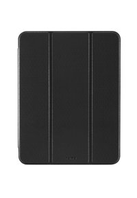 Schwarze, gefaltete, strukturierte Tablet-Hülle mit abgerundeten Ecken und dem "hama"-Logo, das zentriert am unteren Rand angebracht ist.