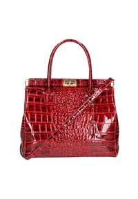Borsa a mano in pelle verniciata rossa con motivo testurizzato a coccodrillo, hardware dorato, doppio manico e tracolla removibile.