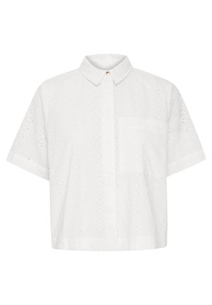 White short-sleeve button-up shirt with eyelet floral embroidery, a pointed collar, and a single chest pocket.
