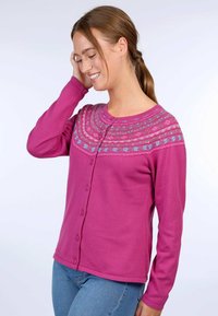 Fuchsia cardigan with long sleeves, featuring a circular pattern and blue accents at the neckline, button closure in front. Soft knit texture.