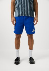 Mėlyni sportiniai šortai, pagaminti iš fleeco; turi logotipą, auksinius akcentus ir laisvą kirpimą. Derinami su juodais batais ir baltais kojinėmis.