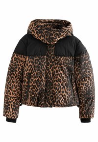 Pufová bunda s leopardím vzorom, čiernymi panelmi, kapucňou a zipsovými vreckami. Mäkká textúra, prešívaný dizajn, s elastickými manžetami.