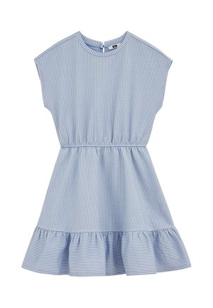 Hellblau-weiß gestreiftes kurzärmeliges Kleid mit elastischem Taillenbund, Rundhalsausschnitt, Knopfverschluss auf der Rückseite und gerafftem Saum.