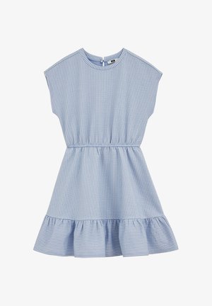 Világoskék-fehér csíkos rövid ujjú ruha elasztikus derékrésszel, kerek nyakkivágással, hátul gombos záródással és fodros szegéllyel.