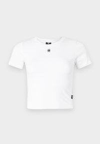 T-shirt bianco a maniche corte realizzato in morbido cotone, con colletto rotondo e un piccolo logo nero sul petto. Dettaglio con etichetta laterale incluso.