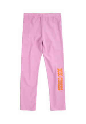 Leggings roses avec une taille élastique et un texte orange vif "BOBO CHOSES" imprimé verticalement sur une jambe.