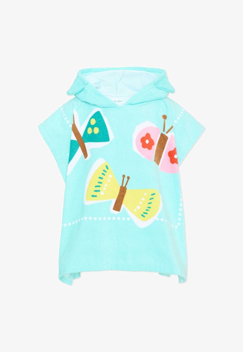 Poncho à capuche pour enfants bleu clair avec des imprimés colorés de papillons en jaune, rose et turquoise sur le devant.