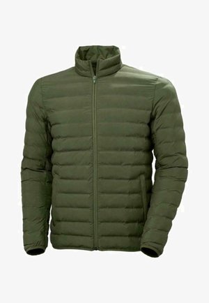 Olijfgroene gewatteerde jas met hoge kraag, horizontaal gestikte textuur, ritsbare voorkant en zijzakken. Gladde synthetische stof.