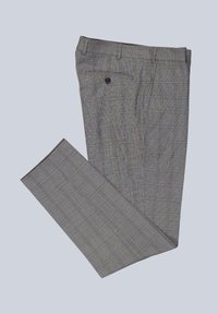 Graue karierten Hosen aus leichtem Stoff, mit flacher Vorderseite, Gürtelschlaufen und einer einzelnen Gesäßtasche mit Knopfverschluss.