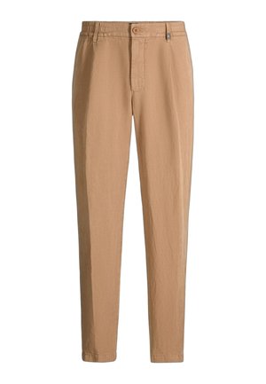 Beige casual herenbroek met knoop en elastische tailleband, rechte pijpen en zijzakken, afgebeeld op een witte achtergrond.