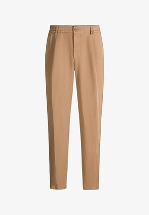 Pantalon décontracté beige pour hommes avec bouton et ceinture élastique, jambes droites et poches latérales, présenté sur un fond blanc.