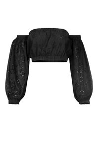 Čierny crop top bez ramienok s naberanými rukávmi, zdobený kvetinovou výšivkou a textúrovaným povrchom; gumička v dolnom leme a na manžetách.