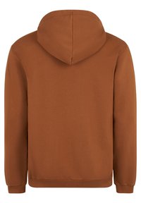 Sweat à capuche marron en tissu doux, avec un design simple, des poignets et une base côtelés, et une texture lisse.