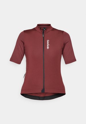 Maglia da ciclismo a maniche corte di un profondo color bordeaux, presenta una zip frontale, dettagli del logo e un design aderente con orlo curvo.