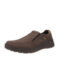 Scarpa marrone slip-on in pelle liscia con dettagli in cucitura, pannelli elastici laterali e suola in gomma con grip testurizzato.