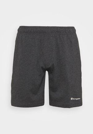Donkergrijze atletische shorts met een elastische tailleband en het Champion-logo op het linkeronderbeen, weergegeven op een witte achtergrond.