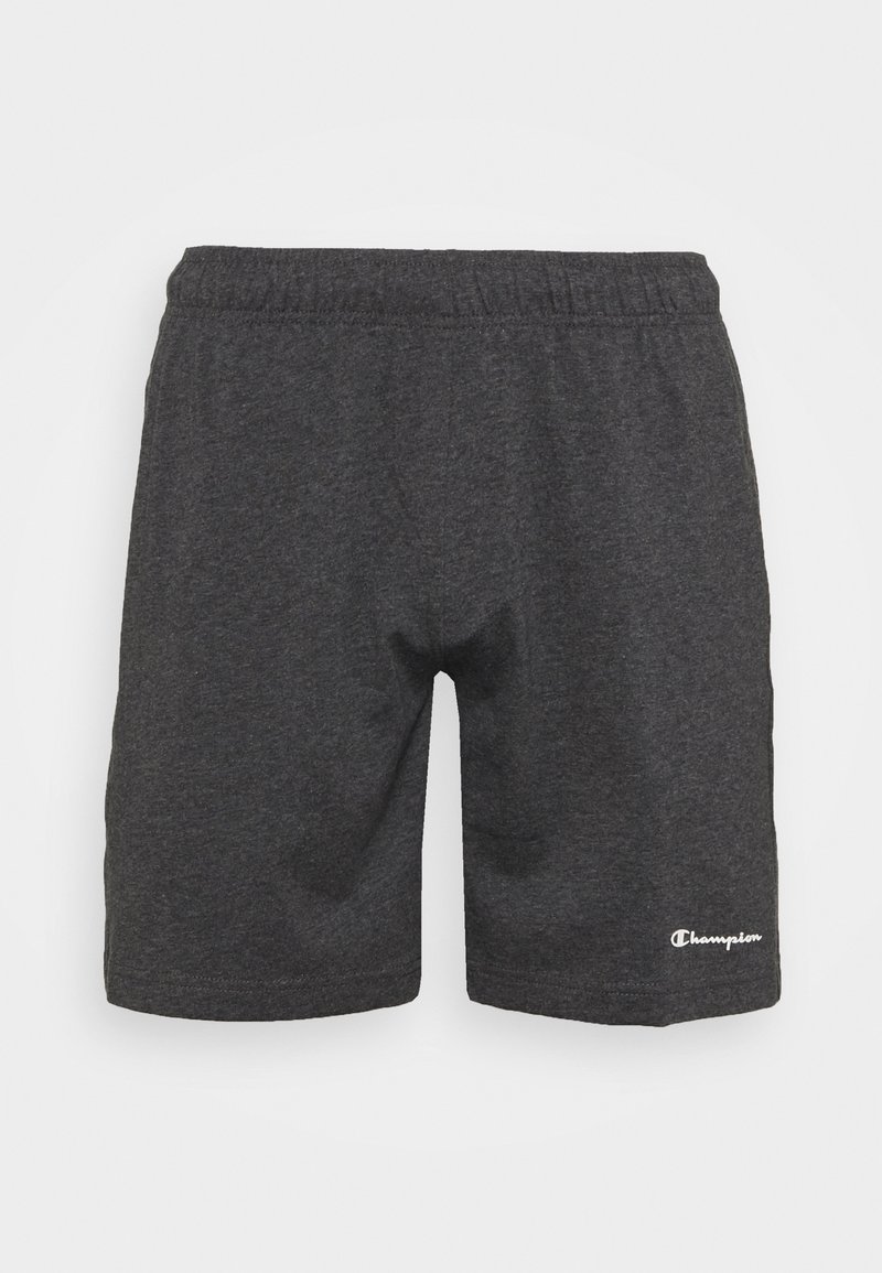 Shorts de sport gris foncé à taille élastique avec le logo Champion sur la jambe inférieure gauche, présentés sur un fond blanc.