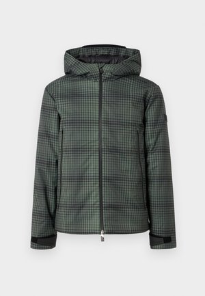 Hooded jacket in dark green and black check pattern, featuring a front zipper, elastic cuffs, and a soft, textured fabric.