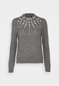Maglione grigio a maglia con maniche lunghe, colletto alto, decorato con embellishments simili a perle in motivi floreali nella zona del petto.