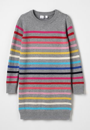 Graues langärmeliges Pulloverkleid mit mehrfarbigen horizontalen Streifen in Pink, Rot, Gelb, Weiß, Blau und Schwarz, gerippte Bündchen und Halsausschnitt.