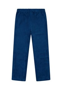 Pantalones de chándal de color azul marino, hechos de una tela suave, con una cinturilla elástica y piernas rectas, de textura lisa y sin patrones visibles.