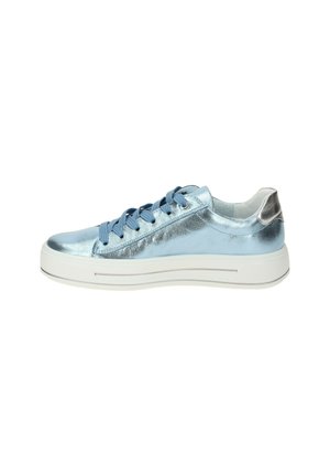 Metallic light blue sneaker with round toe, white midsole, and silver accent at the heel. Features blue laces and a smooth finish.