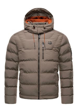 Padded jacket in gray with orange fleece lining, vertical quilted design, adjustable hood, front zipper, and side pockets.