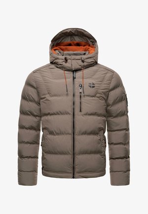 Padded jacket in gray with orange fleece lining, vertical quilted design, adjustable hood, front zipper, and side pockets.