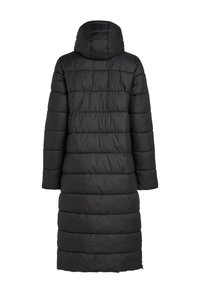 Zwarte pufferjas met een capuchon, met een lange silhouette, gestikte patroon en een gladde, glanzende textuur. Geen zichtbare hardware of accenten.