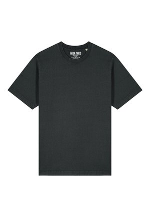 Fekete pamut póló, kerek nyakú, rövid ujjú. Egyszerű dizájn, látható minták vagy díszítések nélkül.