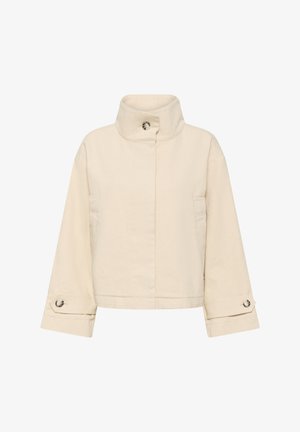 Giacca beige corta con colletto alto, chiusura con bottoni automatici e maniche larghe. Realizzata in tessuto morbido senza motivi visibili.