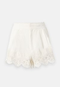 Şorturi albe cu talie înaltă, cu margini în formă de val și broderie din dantelă intricate pe tiv, având un fermoar frontal ascuns.